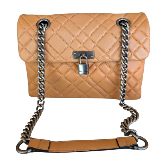 Kurt Geiger Brixton Diamond Quilted Tan Leather Pad Lock Shoulder Bag - Picture 1 of 17